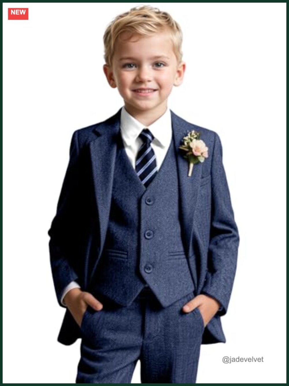 5 Piece Tweed Herringbone Suit Set for Boys Blazer Vest Pant Shirt Tie
